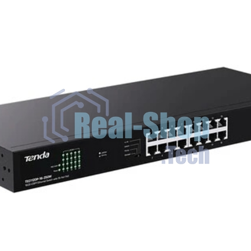 Коммутатор неуправляемый Tenda TEG1120P-16-250W PoE, 18 портов, 18x1 Гбит/с, PoE 16х30 Вт (до 250Вт), SFP 2x1 Гбит/с