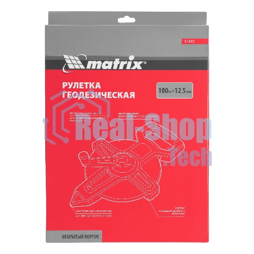 Рулетка геодезическая Matrix 100 м х 12,5 мм, открытый корпус, фиберглассовая лента