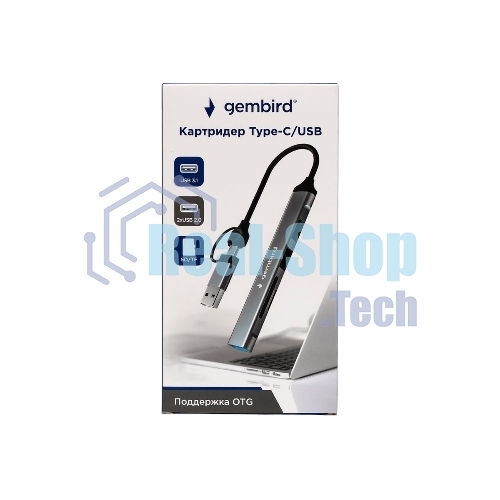 Кард-ридер Type-C/USB-A (3.1) Gembird 5в1: 2xUSB 2.0, USB3.1, SD/TF, кабель 10 см, алюминий