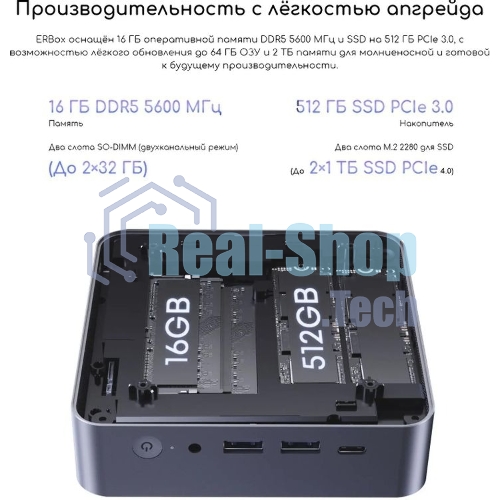 Неттоп Acer Gadget E10 ERBox Ryzen 7 8745HS (3.8) 16Gb SSD512Gb UHDG Windows 11 Pro 2xGbitEth WiFi BT 120W черный (1747236)