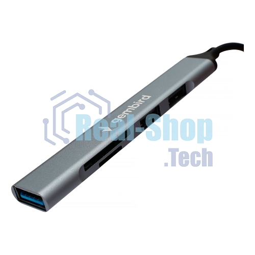 Кард-ридер Type-C/USB-A (3.1) Gembird 5в1: 2xUSB 2.0, USB3.1, SD/TF, кабель 10 см, алюминий