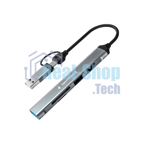 Кард-ридер Type-C/USB-A (3.1) Gembird 5в1: 2xUSB 2.0, USB3.1, SD/TF, кабель 10 см, алюминий