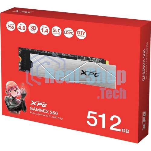 Накопитель SSD ADATA XPG GAMMIX S60, 512Gb, PCIe 4.0 x4, M.2 2280, NVMe, R/W 4700/1700, с радиатором