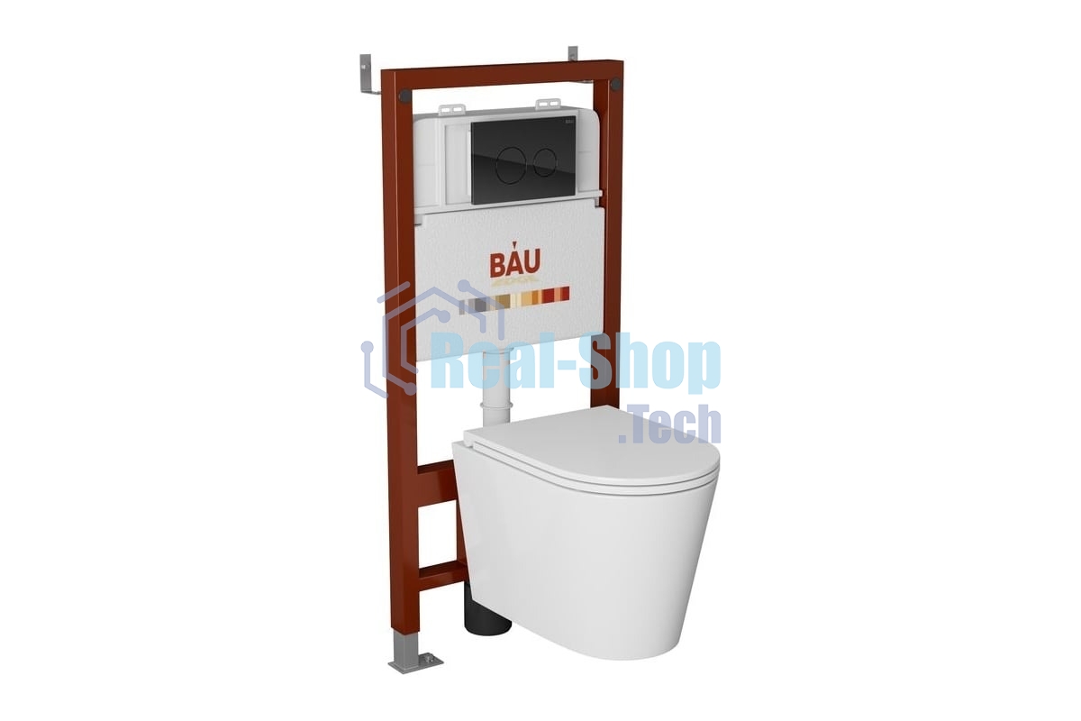 Комплект BAU 6 в 1: инсталляция BAU PRO, унитаз подвесной торнадо Bau Nimb Hurricane-3, сиденье дюропласт микролифт, клавиша из стекла BAU Dream, черная