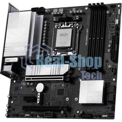 Материнская плата MSI PRO B850M-A WIFI, AM5, AMD B850, 4xDDR5, 4xSATA, 2xM.2, 1xPCIe 5.0 x16, 1xPCIe 4.0 x4, 1xPCIe 3.0 x1, 1xHDMI (v2.1), 1xDP (v1.4), 1x5Gb LAN, Wi-Fi 7, Bluetooth 5.4, 2xUSB-C 10Gbps, 3xUSB-A 10Gbps, 3xUSB-A 5Gbps, 2x3.5 мм, 7.1, mATX