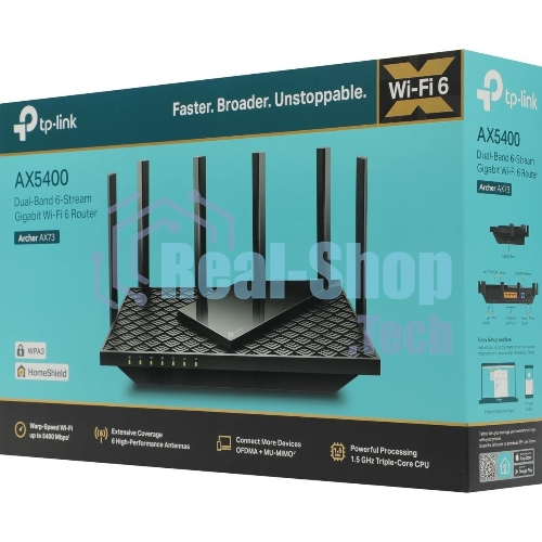 Роутер TP-Link Archer AX73 AX5400 Dual Band Wireless Gigabit Router, 1.5 GHz Tri-Core CPU, 1 GE WAN + 4 GE LAN ports, 1× USB 3.0 Port, support 1024-QAM, OFDMA, MU-MIMO, Airtime Fairness, Beamforming, 160MHz Channel Width, come with HomeShieldTM, support Russia PPTP/L2TP/PPPoE