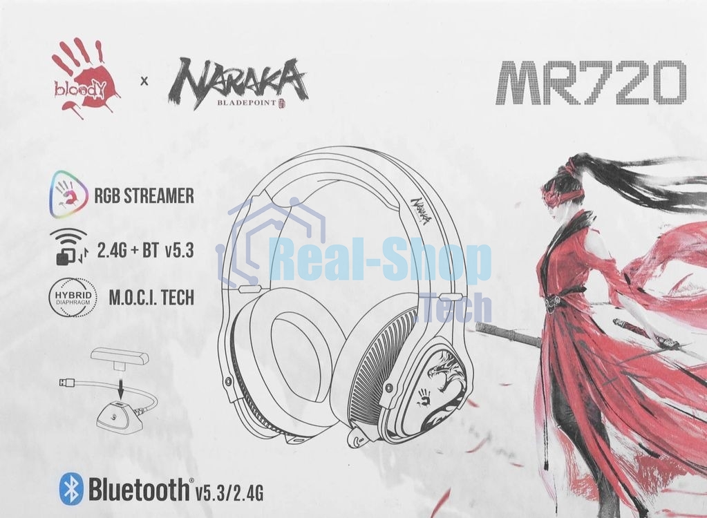 Гарнитура Bloody MR720 Naraka белый, беспроводная + проводная, радиоканал/Bluetooth/mini jack 3.5 мм, до 44 ч, подсветка