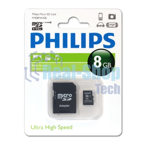 Флеш карта microSD 8Gb PHILIPS microSDHC Class 10 (SD адаптер)