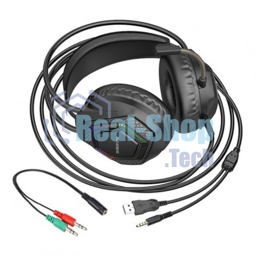 Проводные наушники Borofone BO105 Thunder черный, полноразмерные, RGB-подсветка