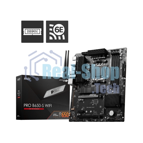 Материнская плата MSI PRO B650-S WIFI, AM5, AMD B650, 4xDDR5, 4xSATA, 2xM.2, 1xPCI-E 4.0 x16, 1xPCI-E 4.0 x4, 1xHDMI, 1xDP, 1x2.5Gb LAN, 3xUSB 3.2 Gen 1, 3xUSB 3.2 Gen 2, 6x3.5 мм, 7.1, Standard-ATX