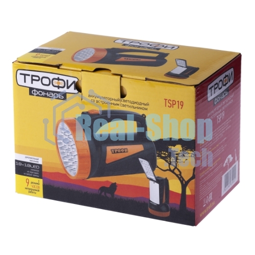 Фонарь светодиодный Трофи TSP19 прожекторный, аккумуляторный, кемпинговый походный ударопрочный водонепроницаемый, встроенный светильник, 2 режима, 19 LED