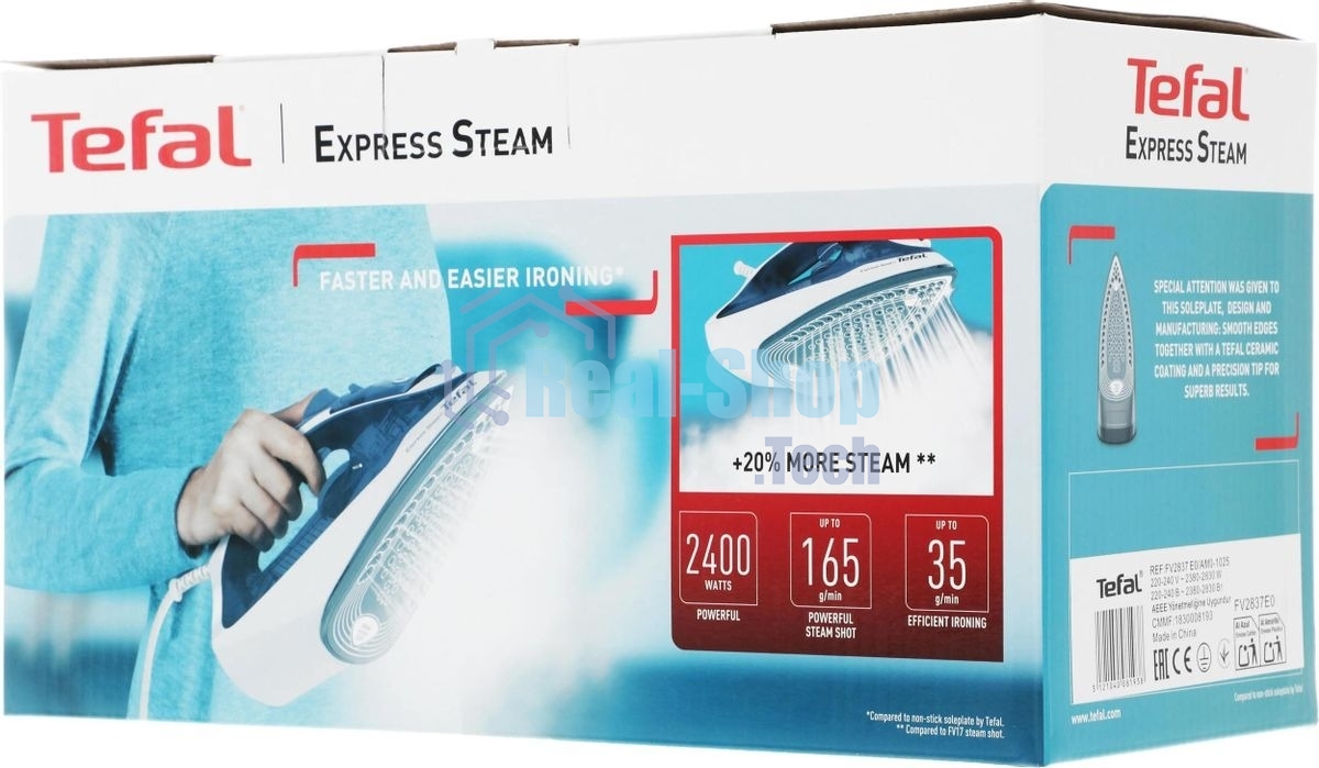 Утюг Tefal FV2837E0 синий/белый, 2400 Вт, 35 г/мин, 165 г/мин, 270 мл