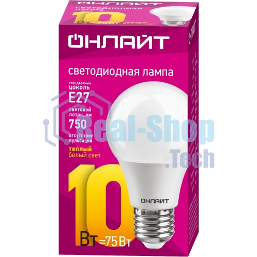 Лампа светодиодная ОНЛАЙТ 71649 OLL-A60-10-230-2.7K-E27 10Вт грушевидная 2700К тепл. белый E27 750лм 176-264В