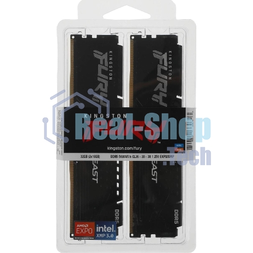Оперативная память Kingston Fury Beast, DDR5, 32GB (2x16GB), 5600MHz, CL36, DIMM, с радиаторами, черный