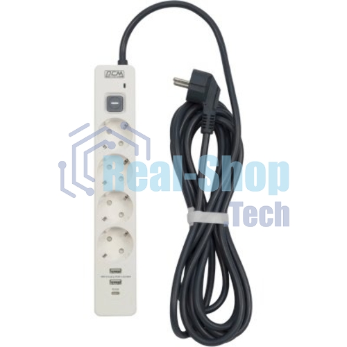 Сетевой фильтр Powercom SP-01 USB2A1CW 3,0М 3.0 м, 4 розетки, белый/серый, коробка