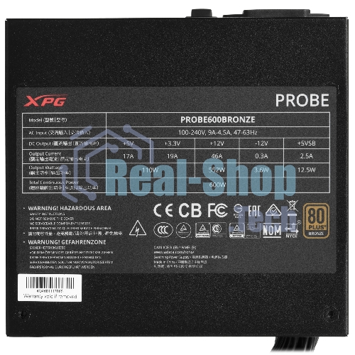 Блок питания ADATA XPG PROBE600B-BKCEU, 600Вт, 80 PLUS Bronze, 120мм, черный