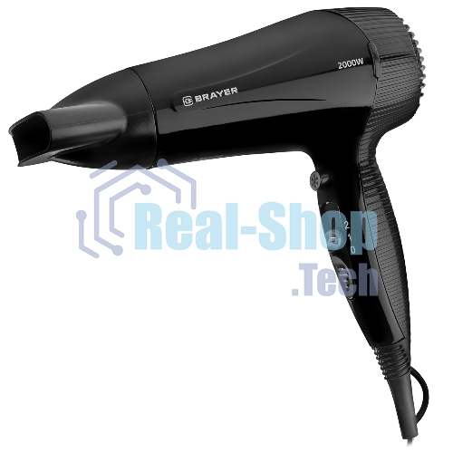 Фен настенный BRAYER BR3021BK, 2000, 2 скор, 2 реж нагрева, концентратор, холод, 1,8 м,