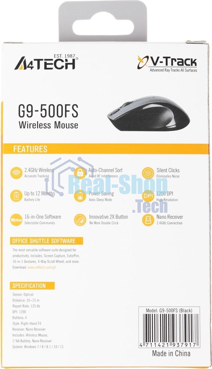 Мышь беспроводная A4Tech G9-500FS черный, 1200 dpi, радиоканал, USB, кнопки - 4