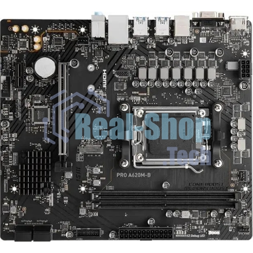 Материнская плата MSI PRO A620M-B, AM5, AMD A620, 2xDDR5, 4xSATA, 1xM.2 (PCIe 4.0 x4), 1xPCIe 4.0 x16, 1xPCIe 3.0 x1, 1xHDMI, 1xVGA, 1x2.5Gb LAN, 6xUSB-A 5Gbps, 6xUSB-A 2.0, 3x3.5 мм, 7.1, mATX