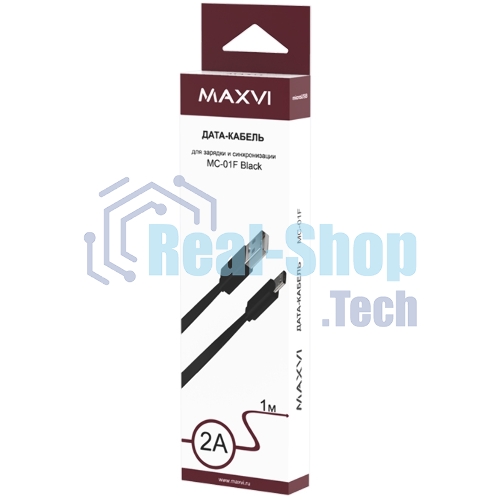Кабель Maxvi MC-01F black USB-A - microUSB, 2A Плоский кабель, ток макс. нагрузки 2А, макс. напряжение 5V; стандарт USB 2.0; длина 1м, материал PVC, черный