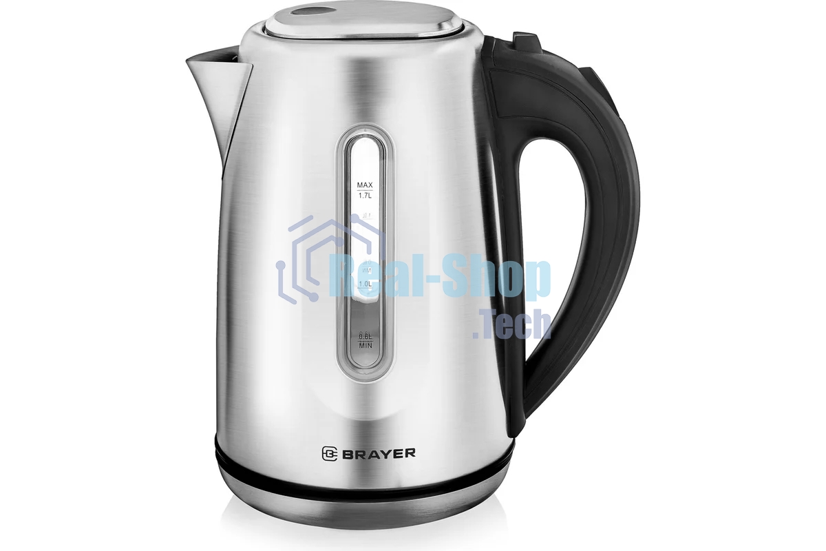 Электрочайник BRAYER BR1014 серебристый, 1.7 л, 2200 Вт, скрытый нагревательный элемент