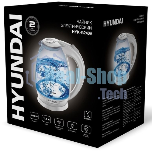 Чайник электрический Hyundai HYK-G2409 1.7 л, 2200 Вт, белый/серебристый (корпус: стекло)