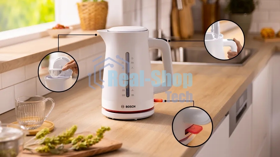 Электрочайник Bosch TWK3M121 белый, 1.7 л, 2400 Вт, скрытый нагревательный элемент