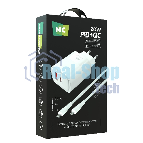 Сетевое зарядное устройство MORE CHOICE NC81i СЗУ 1USB+1Type-C 3.0A PD 20W+ QC3.0, белый