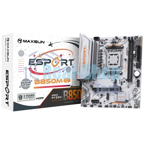 Материнская плата Maxsun MS-eSport B850M WIFI ICE, AM5, AMD B850, 2xDDR5, 2xSATA, 2xM.2, 1xPCIe 5.0 x16, 1xPCIe 3.0 x1, 1xHDMI 1.4, 1xDP, 1xRJ45, Wi-Fi 6, Bluetooth 5.2, 4xUSB-A 5Gbps, 2xUSB-A 2.0, 3x3.5 мм, 7.1, mATX