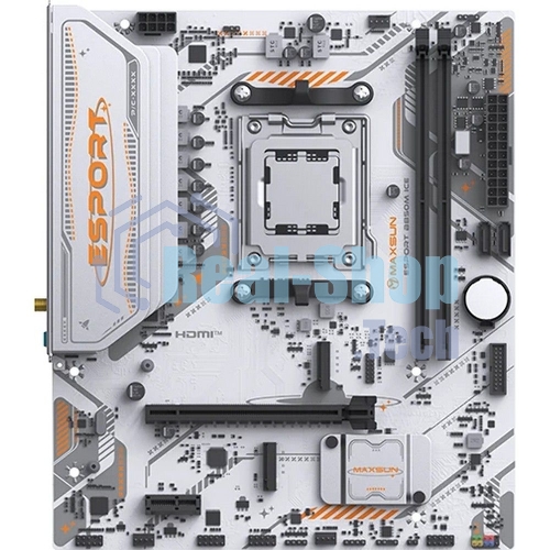 Материнская плата Maxsun MS-eSport B850M WIFI ICE, AM5, AMD B850, 2xDDR5, 2xSATA, 2xM.2, 1xPCIe 5.0 x16, 1xPCIe 3.0 x1, 1xHDMI 1.4, 1xDP, 1xRJ45, Wi-Fi 6, Bluetooth 5.2, 4xUSB-A 5Gbps, 2xUSB-A 2.0, 3x3.5 мм, 7.1, mATX