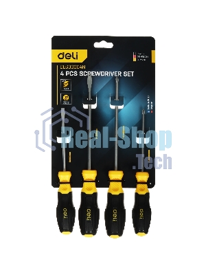 Набор отверток Deli DL630004N 4шт SL5x100 + SL6x150 + PH1x100 + PH2x150 сталь Cr-V, двухкомпонентная прорезиненная рукоять