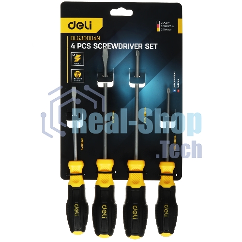 Набор отверток Deli DL630004N 4шт SL5x100 + SL6x150 + PH1x100 + PH2x150 сталь Cr-V, двухкомпонентная прорезиненная рукоять