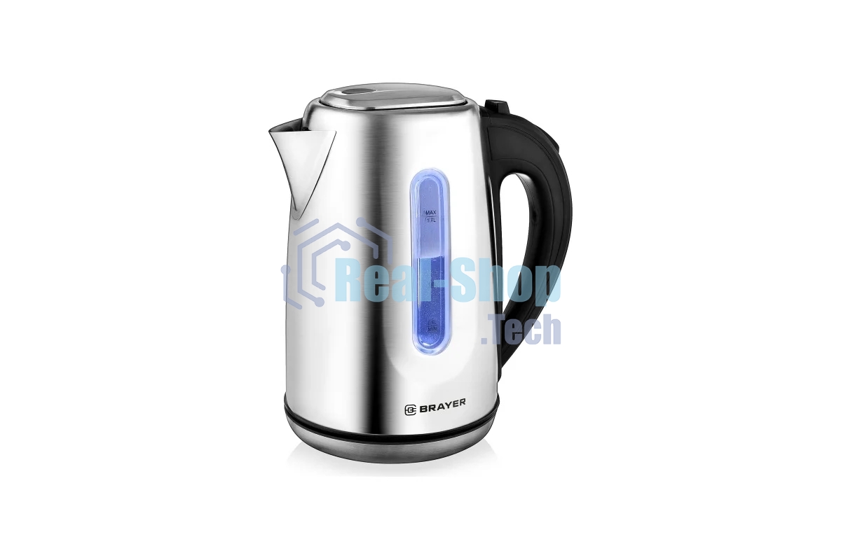 Электрочайник BRAYER BR1014 серебристый, 1.7 л, 2200 Вт, скрытый нагревательный элемент