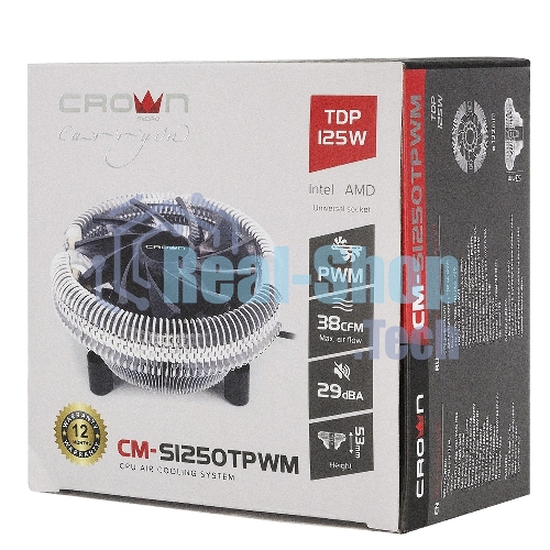 Кулер для процессора Crown CM-S1250TPWM v2 серебристый/черный, 95 мм, алюминий, 2000 об/мин, 28.7 дБ, 4 pin, 125 Вт, 53 мм