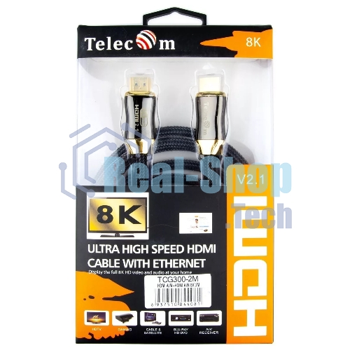 Кабель HDMI 19M/M,ver. 2.1, 8K@60 Hz 2m метал разъемы, нейлоновая оплетка Telecom TCG300-2M