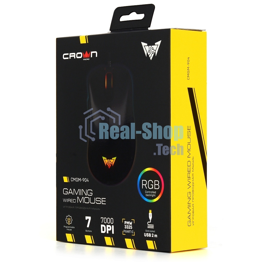 Мышь проводная Crown CMGM-904 черный, 7000 dpi, USB, кнопки - 7