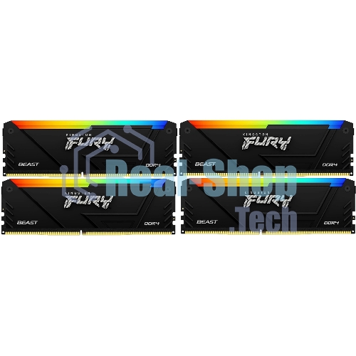 Оперативная память Kingston Fury Beast, DDR4, 64Gb (4x16Gb), 3200MHz, CL16, DIMM, с радиатором, RGB, черный