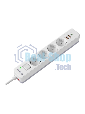 Удлинитель с сетевым фильтром Defender DFS 143, белый, 4розетки, USB+TypeC, 3 м.