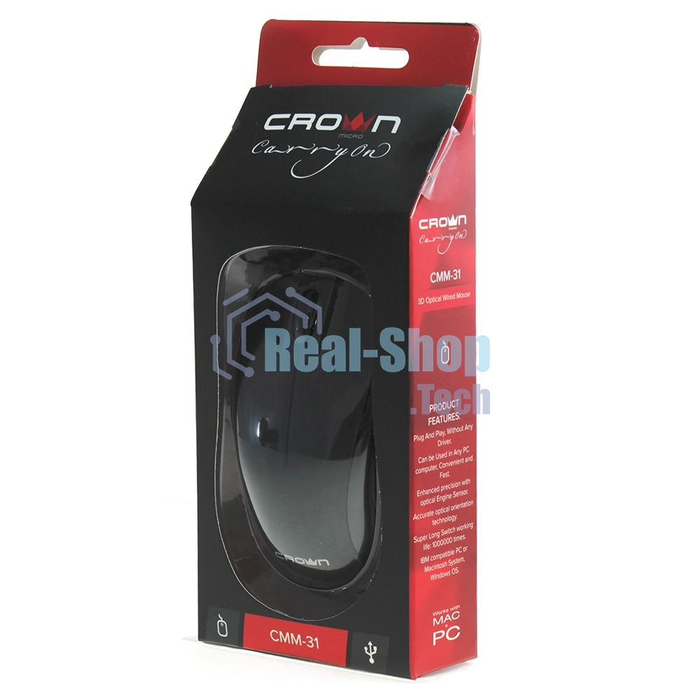 Мышь проводная Crown CMM-31 черный, 1000 dpi, USB, кнопки - 3
