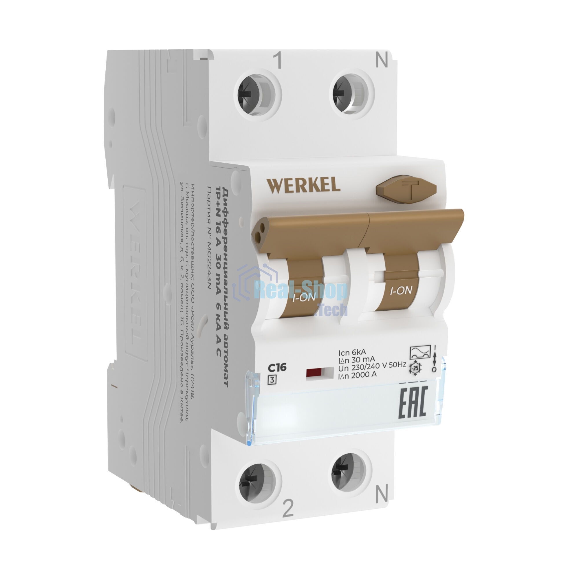 Дифференциальный автомат Werkel 1P+N 16 A 30 mА 6 kА C A W922P166