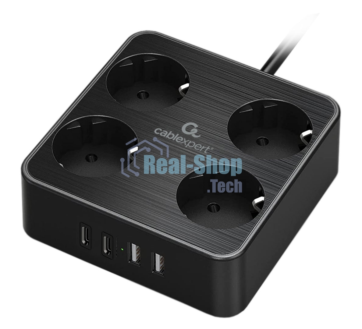 Сетевой фильтр Cablexpert Plate, PLT-4-C2U2-B-3, 4р, 10А, 2xType-C PD, 20Вт, 2xUSB, 2.4A, 3 м, ур. защиты 4+, черный, коробка
