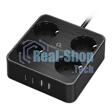 Сетевой фильтр Cablexpert Plate, PLT-4-C2U2-B-3, 4р, 10А, 2xType-C PD, 20Вт, 2xUSB, 2.4A, 3 м, ур. защиты 4+, черный, коробка