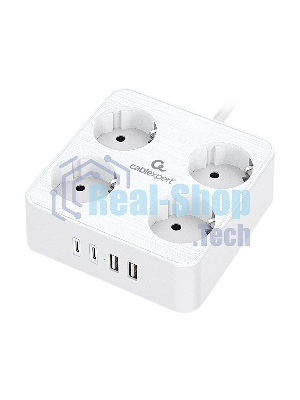 Сетевой фильтр Cablexpert Plate, PLT-4-C2U2-W-2, 4р, 10А, 2xType-C PD, 20Вт, 2xUSB, 2.4A, 2 м, ур. защиты 4+, белый, коробка