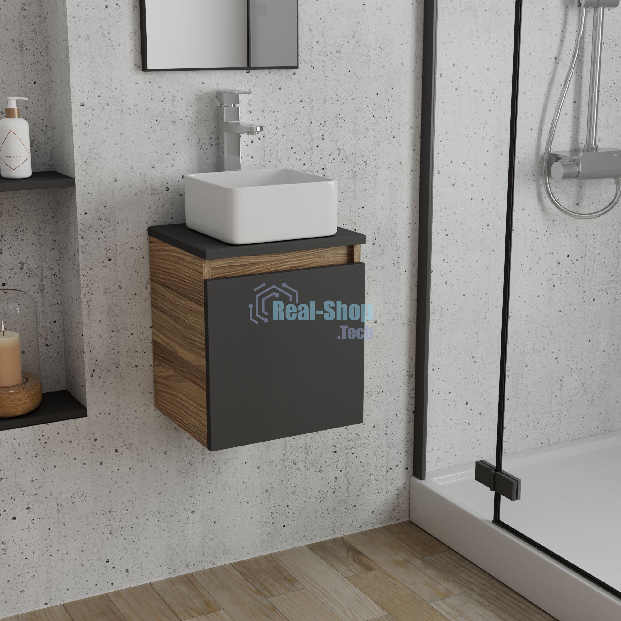 Тумба Bau Dream Blackwood 35 с ящиком, графит, раковина BAU Mini 24х24, смеситель для раковины высокий Hotel Still, нержавеющая сталь