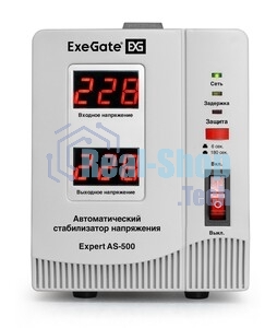 Стабилизатор напряжения ExeGate Master AV-500 (500ВА, 140-260В, цифр. индикация вход/вых. напряжения, 220В±8%, КПД 98%, 5 уровней защиты, задержка, метал.корпус, евророзетка, RTL)