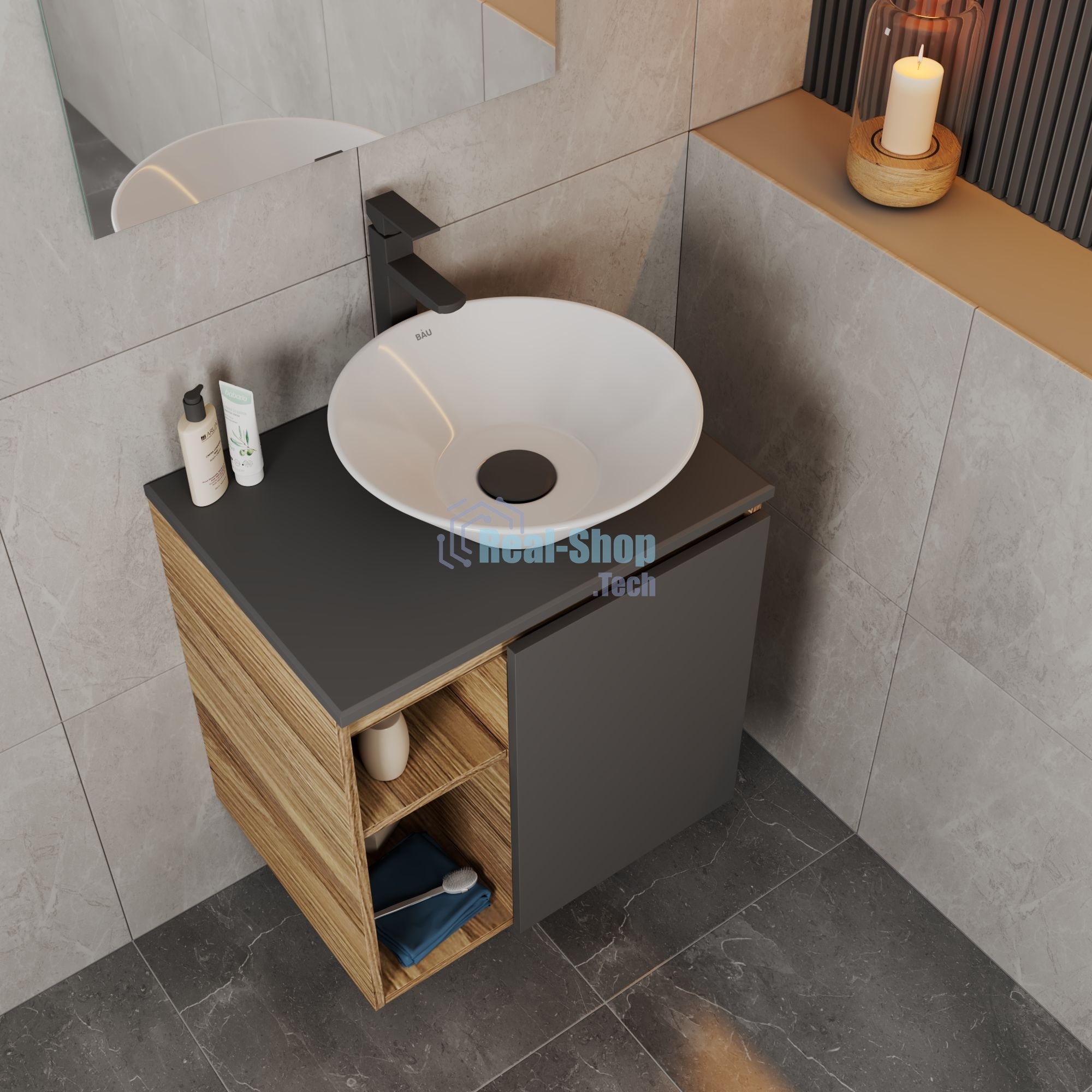 Тумба Bau Dream Blackwood 60 правая, графит, раковина BAU Dream D43, смеситель для раковины высокий Hotel Black, черный, выпуск клик клак, черный