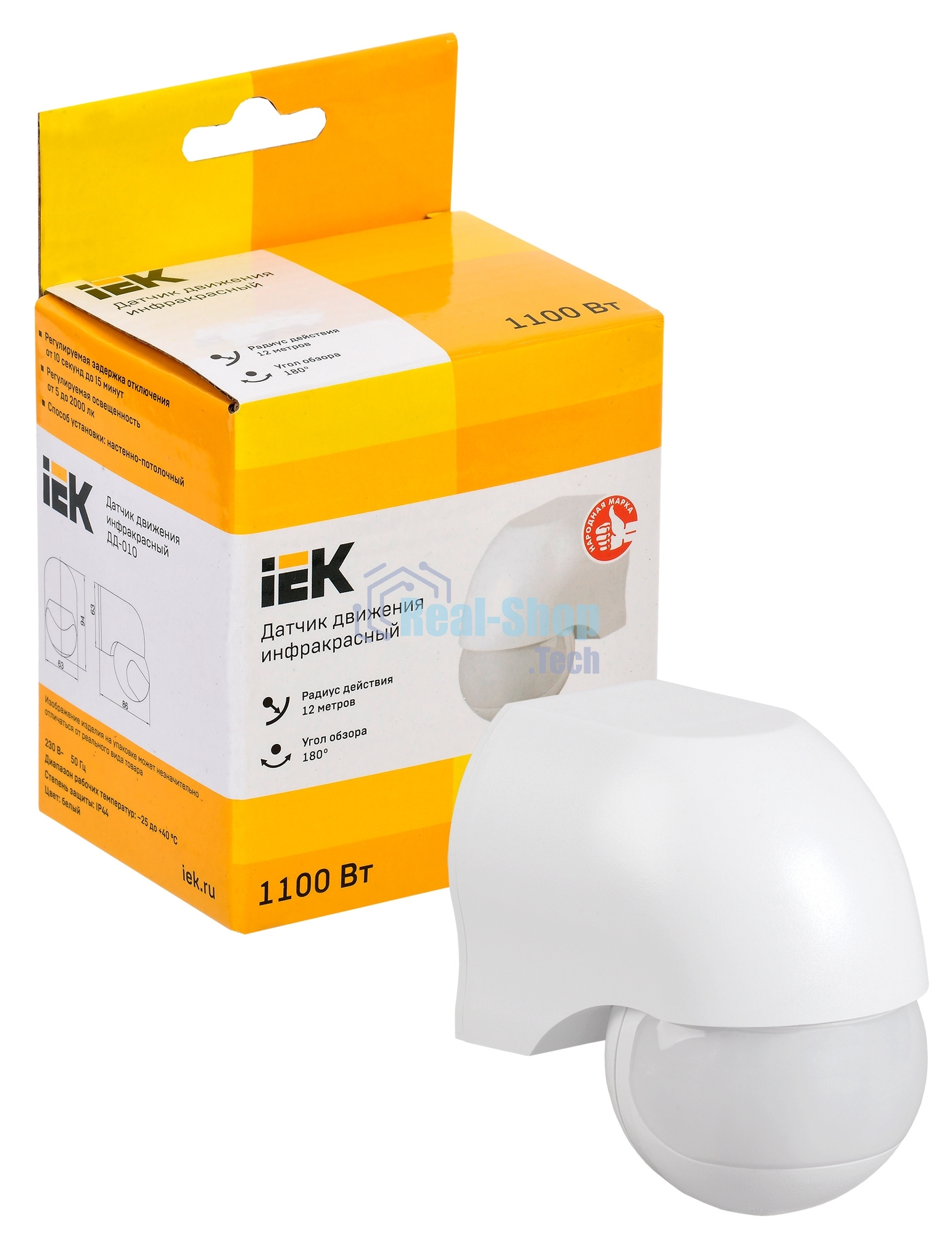 Детектор движения ДД 010 1100Вт угол. обз. 180град. IP44 бел. IEK LDD10-010-1100-001