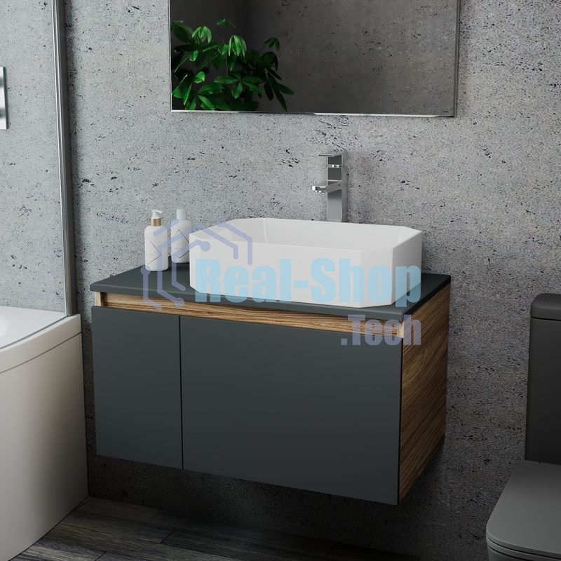 Комплект для ванной, 3 предмета (Тумба подвесная Bau Blackwood 80 графит + Раковина BAU Hotel 51х37, Смеситель высокий Hotel Still, нерж. сталь)
