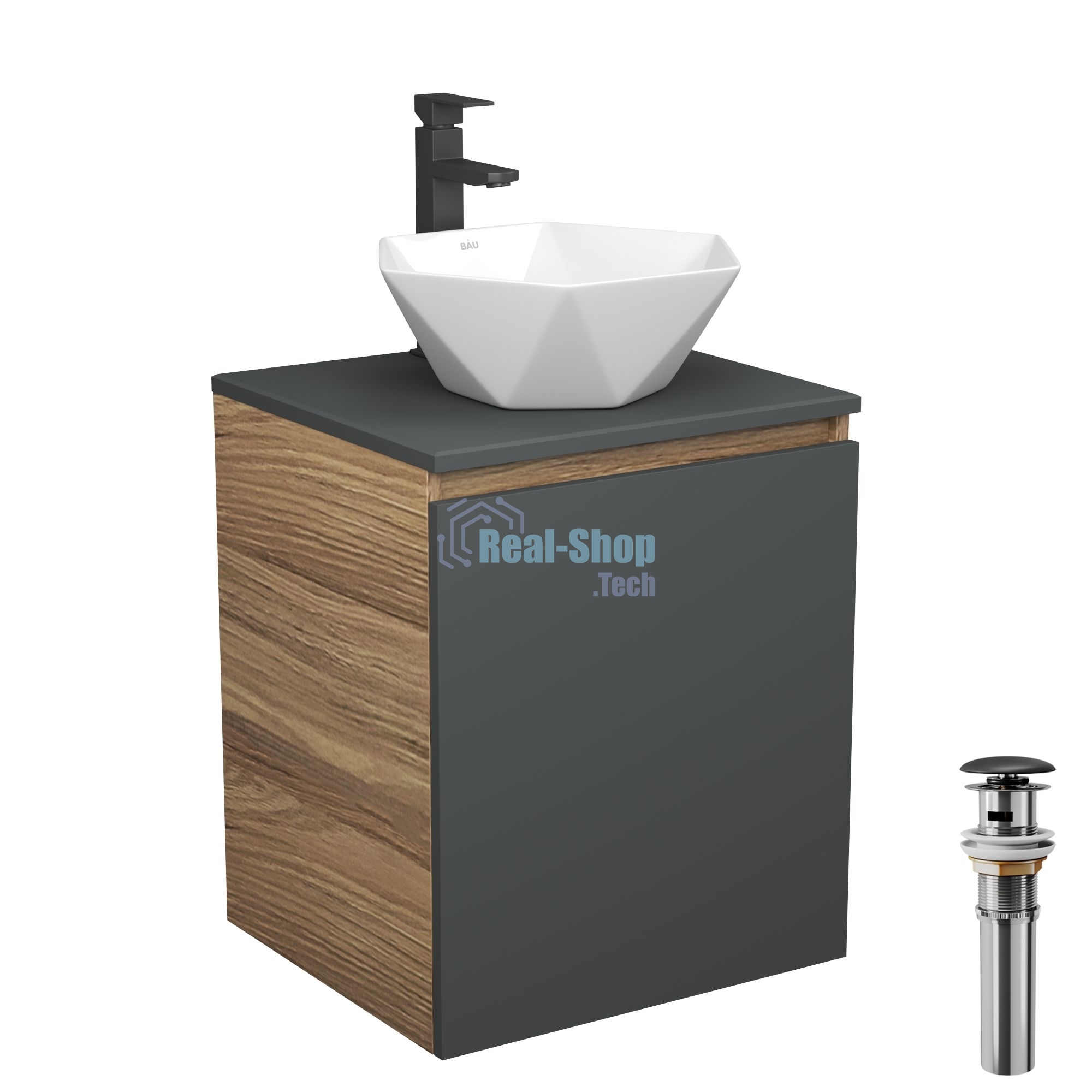 Тумба Bau Dream Blackwood 50 графит, раковина BAU Crystal 40х40, смеситель для раковины высокий Hotel Black, черный, выпуск клик клак, черный