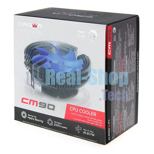 Кулер CROWN для процессора CM-90 (Для Intel и AMD,TDP до 95 Ватт,Низкая посадка радиатора,Гидродинамическии подшипник,Размер: 115x110x57 мм)